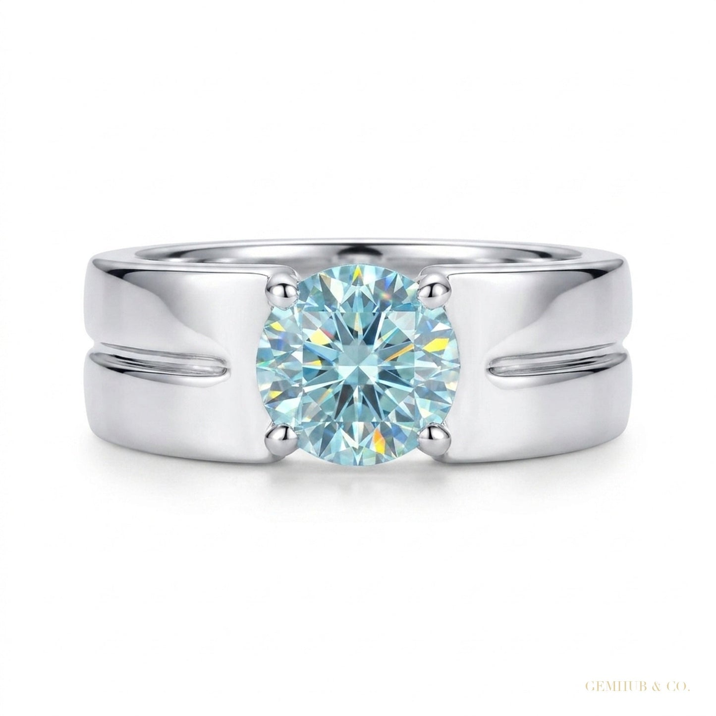 1.50 ct DEW Blue Moissanite Solitaire Ring in Certified Gem 18K Gold Plated – white background main image