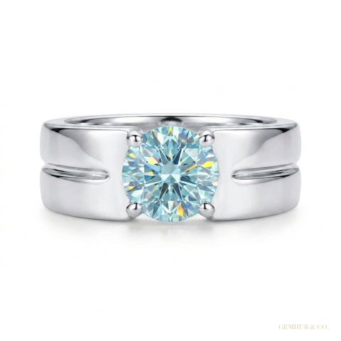 1.50 ct DEW Blue Moissanite Solitaire Ring in Certified Gem 18K Gold Plated – white background main image