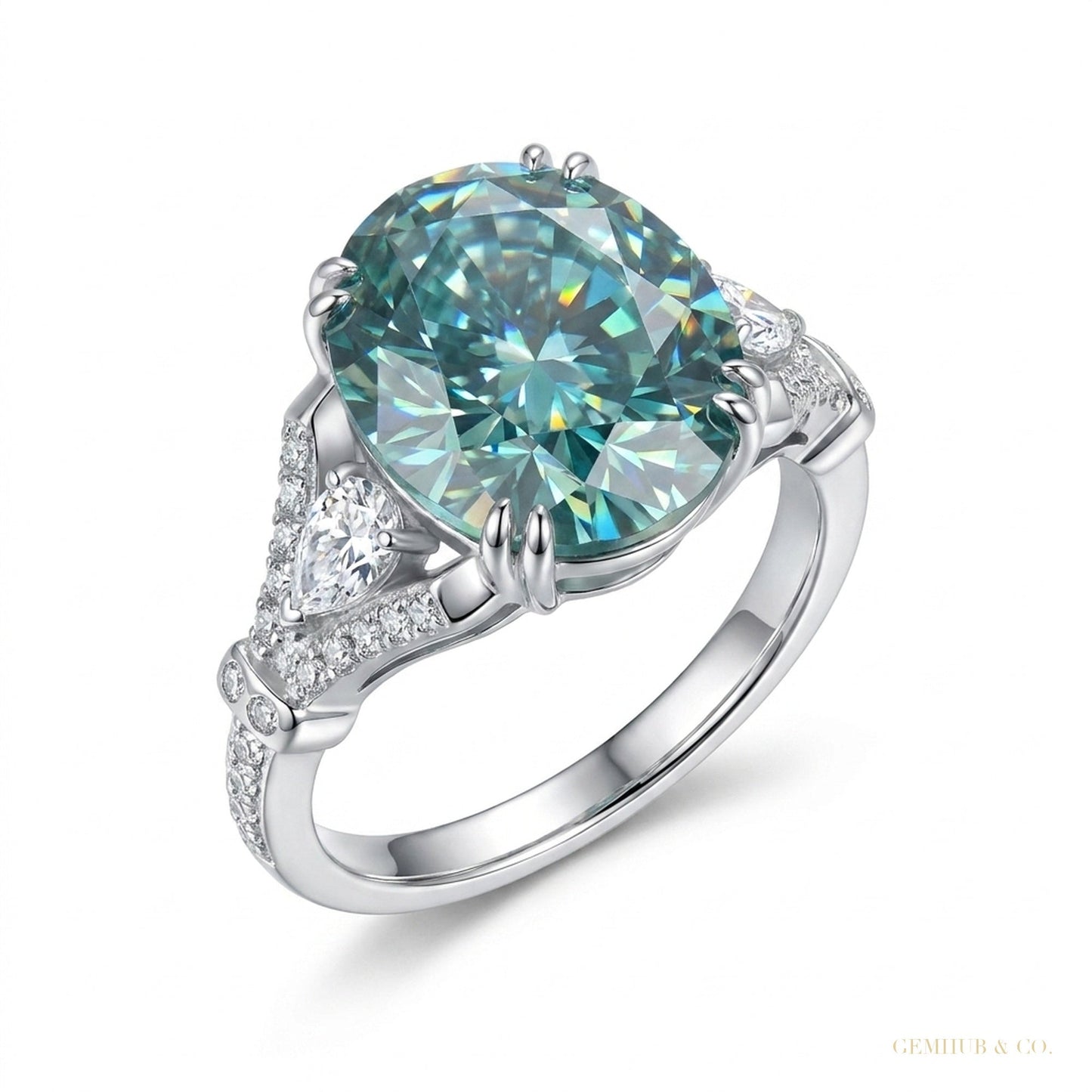 10.25 ct DEW Certified Blue Round Moissanite Ring – Big Christmas Gift Pick 18K Gold Plated – white background main image
