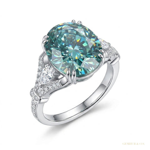 10.25 ct DEW Certified Blue Round Moissanite Ring – Big Christmas Gift Pick 18K Gold Plated – white background main image