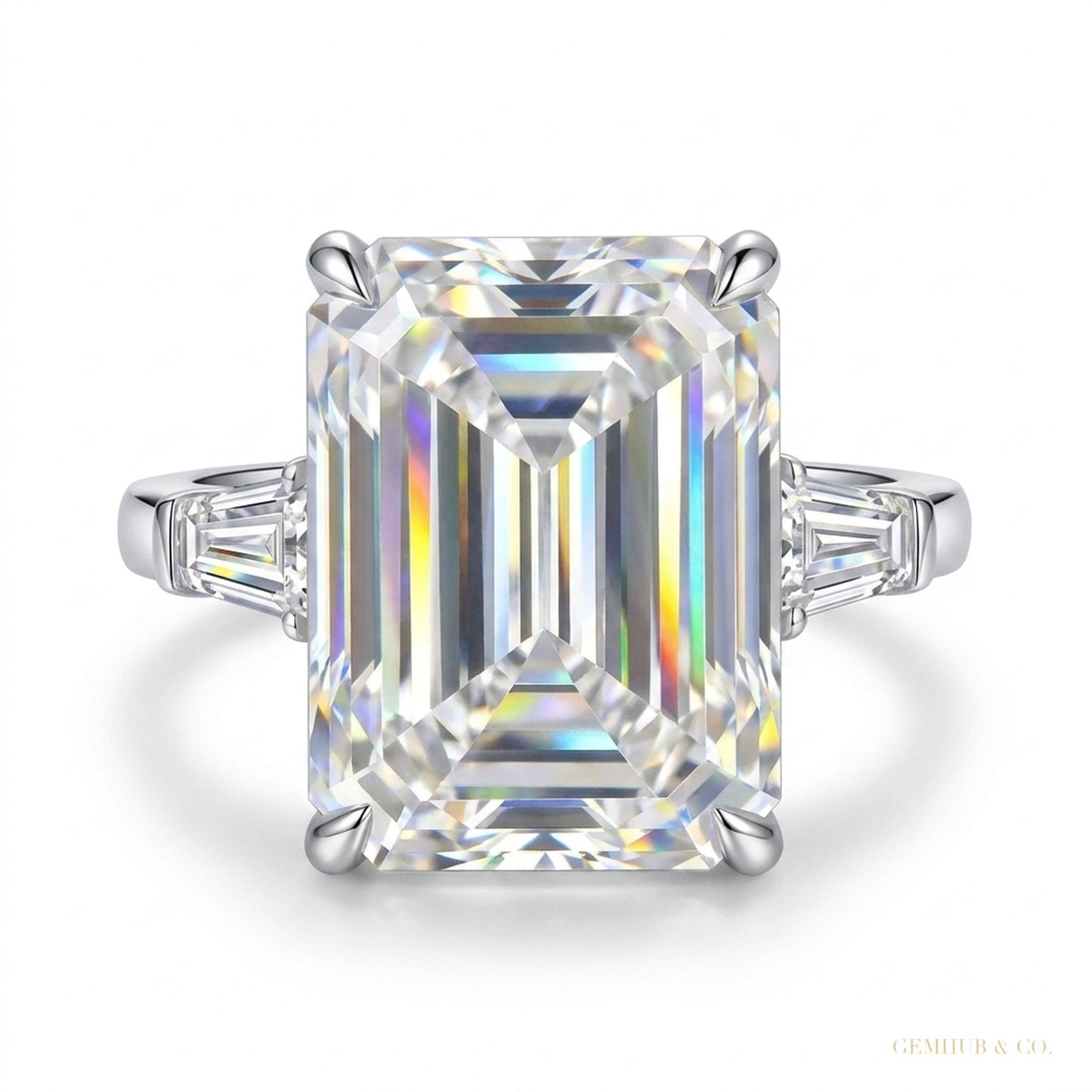 14.50 ct DEW EGL Certified White Emerald Cut Moissanite Ring 18K Gold Plated – white background main image