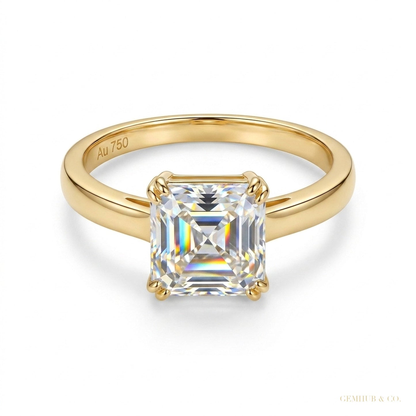 2.40 ct DEW Certified Asscher Cut Off White Moissanite Ring 18K Gold Plated – white background main image