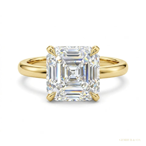 2.80 ct DEW Asscher Cut White Treated Moissanite Solitaire Ring in Cert 18K Gold Plated – white background main image
