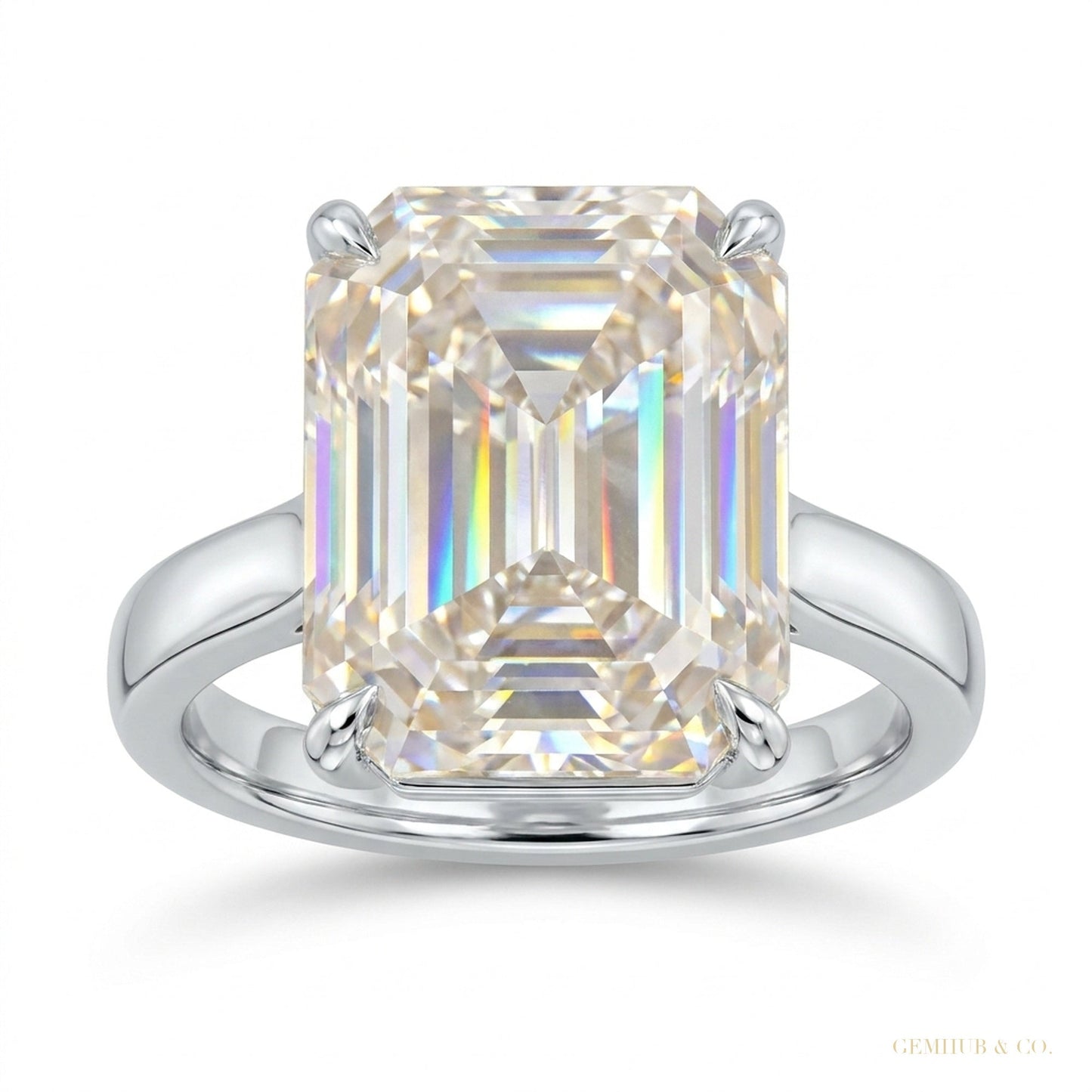 27.50 ct DEW Certified Emerald Cut White Moissanite Solitaire Ring in Gold Vermeil – white background main image