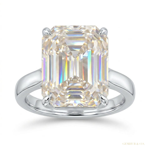 27.50 ct DEW Certified Emerald Cut White Moissanite Solitaire Ring in Gold Vermeil – white background main image