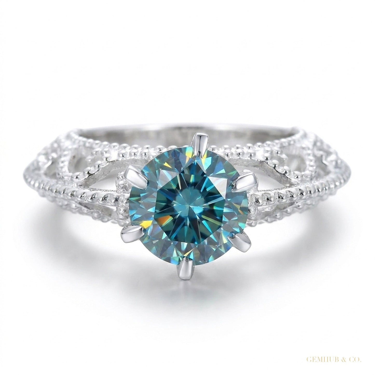 2.90 ct DEW Certified Round Cut Blue Moissanite Solitaire Ring Gold Vermeil – white background main image