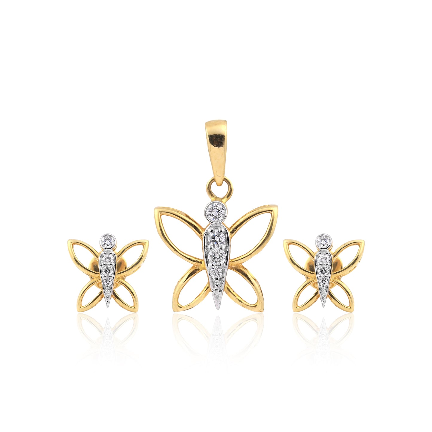 18KT Yellow Gold 0.26 Ct Butterfly Design Natural Diamond Pendant And Earrings