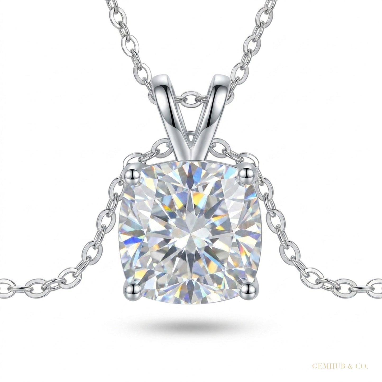 4.60 ct DEW Certified Cushion Cut White Moissanite Solitaire Pendant In Vermeil – white background main image