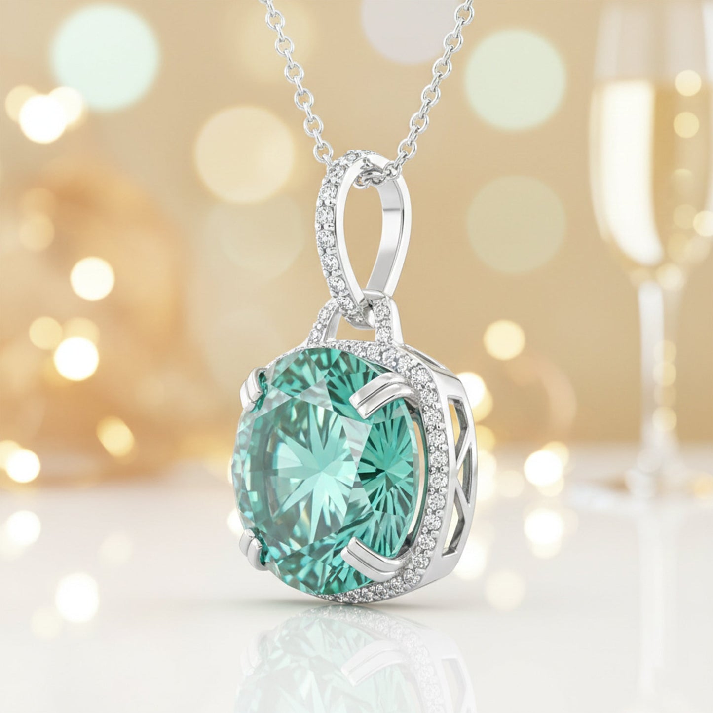 Certified 20 ct DEW Round Blue Moissanite Pendant in Gold Vermeil – Holiday Gift