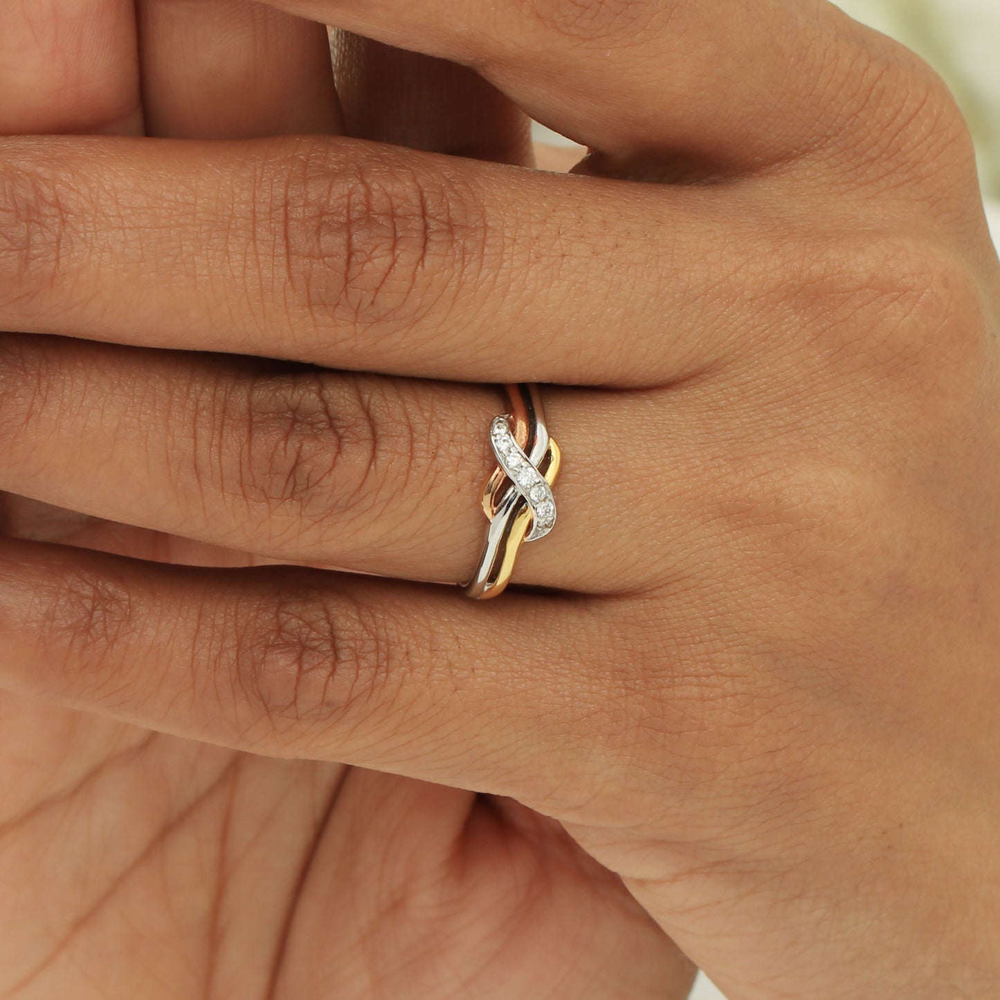 Nova Twist Infinity Diamond Ring in Three-Tone 18K Gold