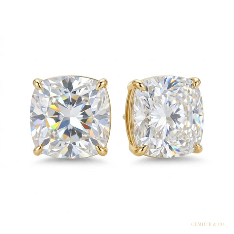 4 ct DEW Certified Cushion Cut Moissanite Solitaire Studs In Stering Gold Vermeil – white background main image