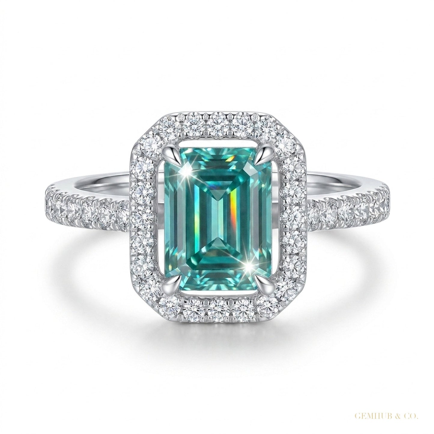 5.20 ct DEW Blue Moissanite Radiant Ring – Wedding or Birthday Gift 18K Gold Plated Ver 18K Gold Plated – white background main image