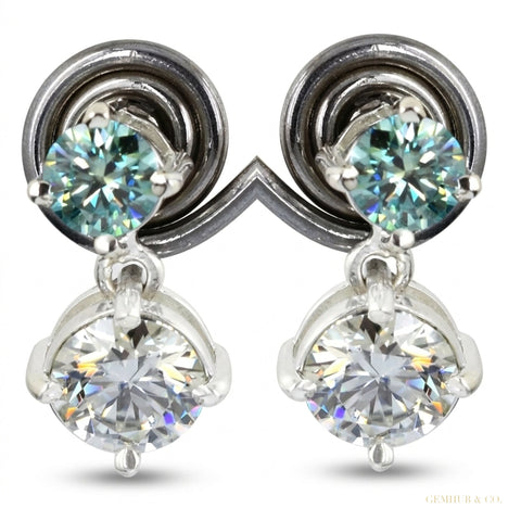 5.50 ct DEW Certified Blue & White Moissanite Round Cut Earrings In Gold Vermeil – white background main image