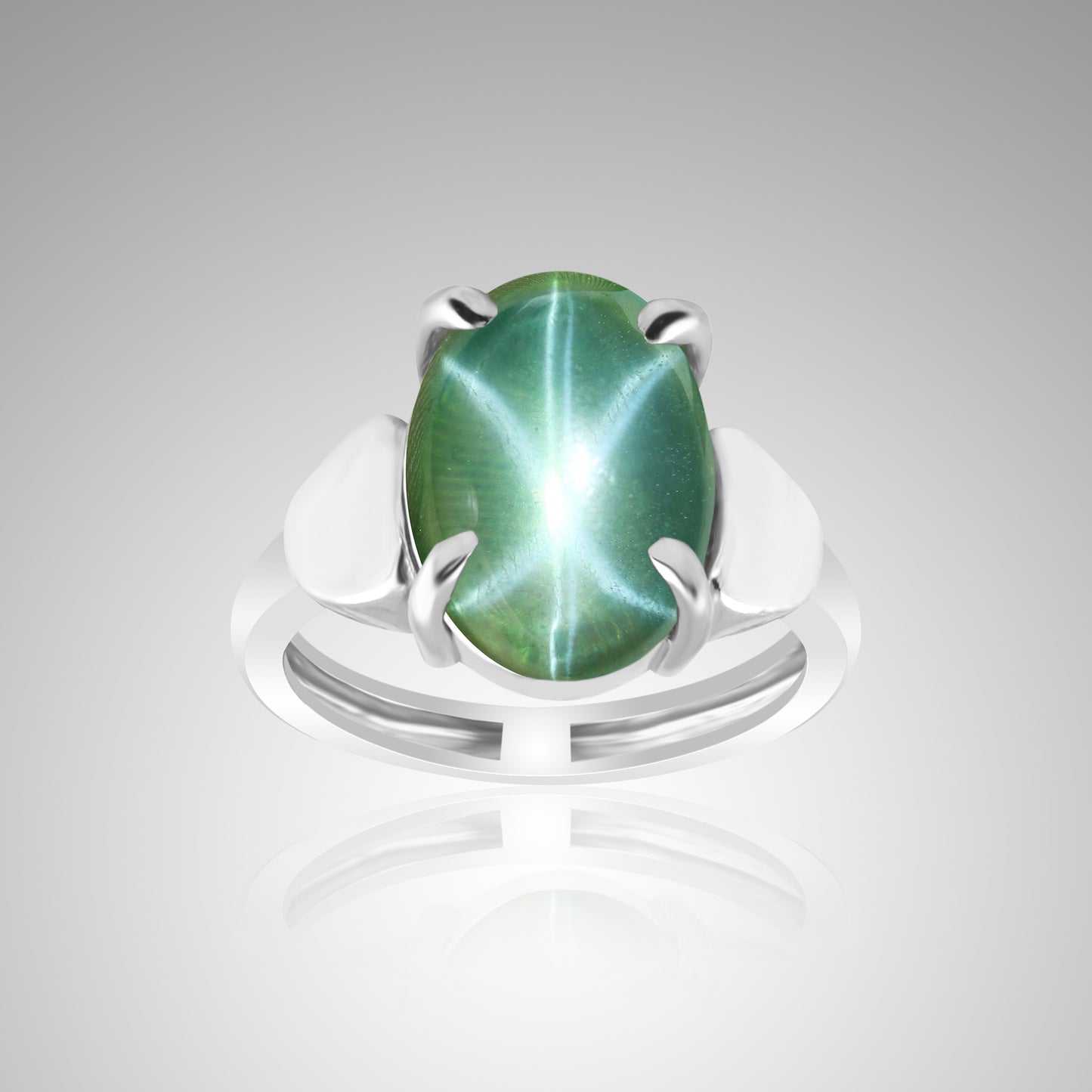 9 Ct Natural Oval Cabochon 6 Rays Green Star Sapphire 925 Sterling Silver Ring