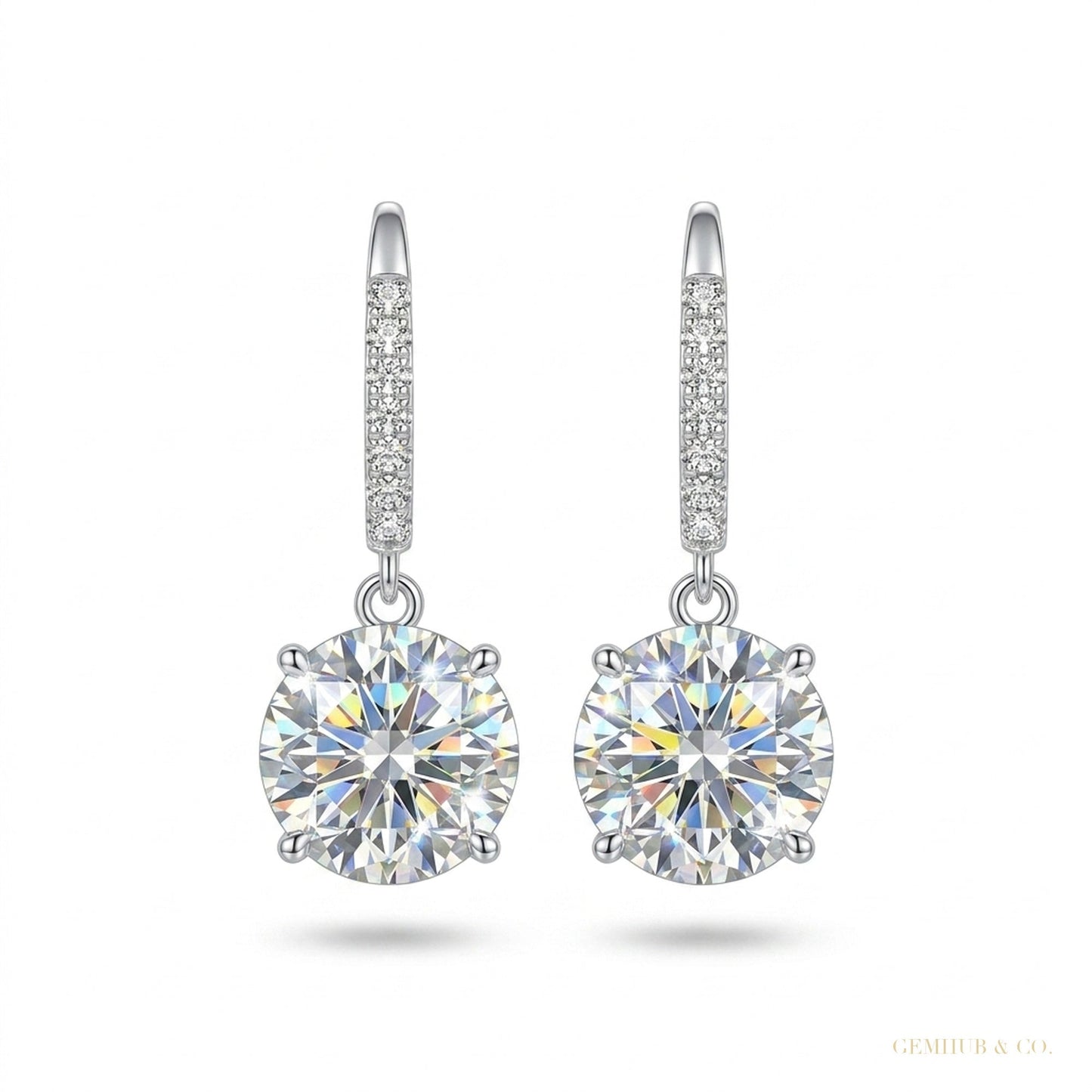 5 ct DEW Round Cut White Moissanite Solitaire Dangler Earrings In Gold Vermeil – white background main image