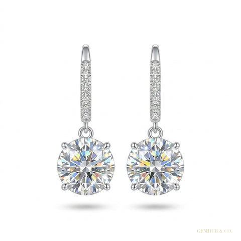 5 ct DEW Round Cut White Moissanite Solitaire Dangler Earrings In Gold Vermeil – white background main image