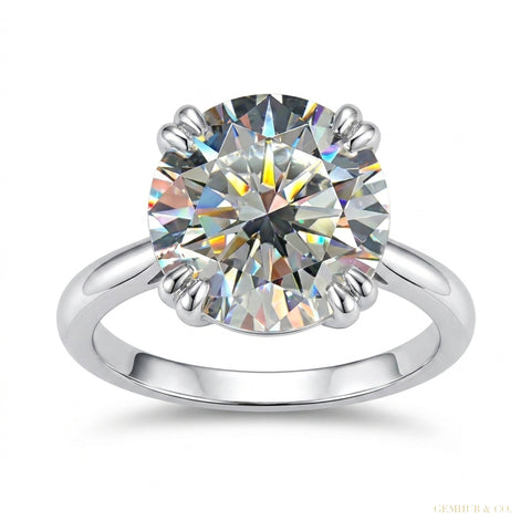 6.65 ct DEW Round Cut White Treated Moissanite Solitaire Ring Certified 18K Gold Plated – white background main image