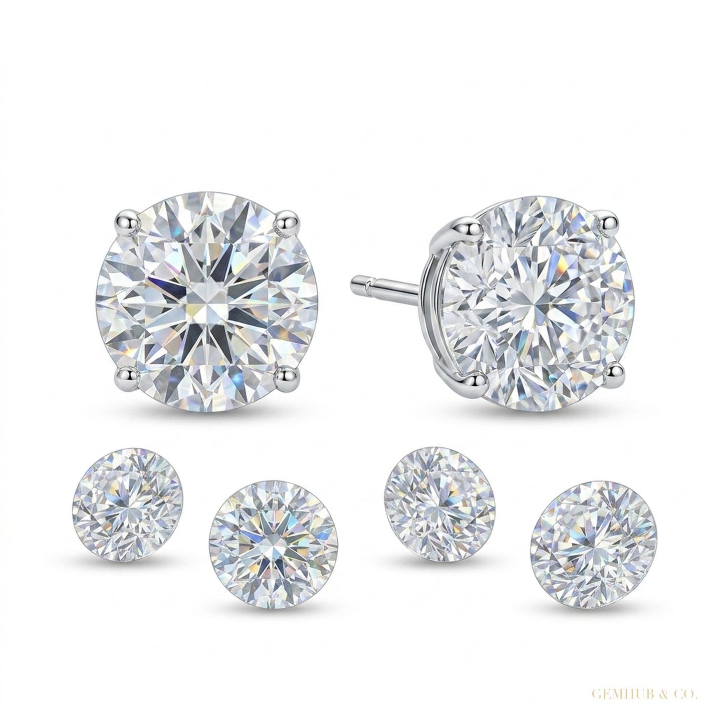 6 ct DEW Certified White Moissanite Solitaire Studs Round Cut In Gold Vermeil – white background main image