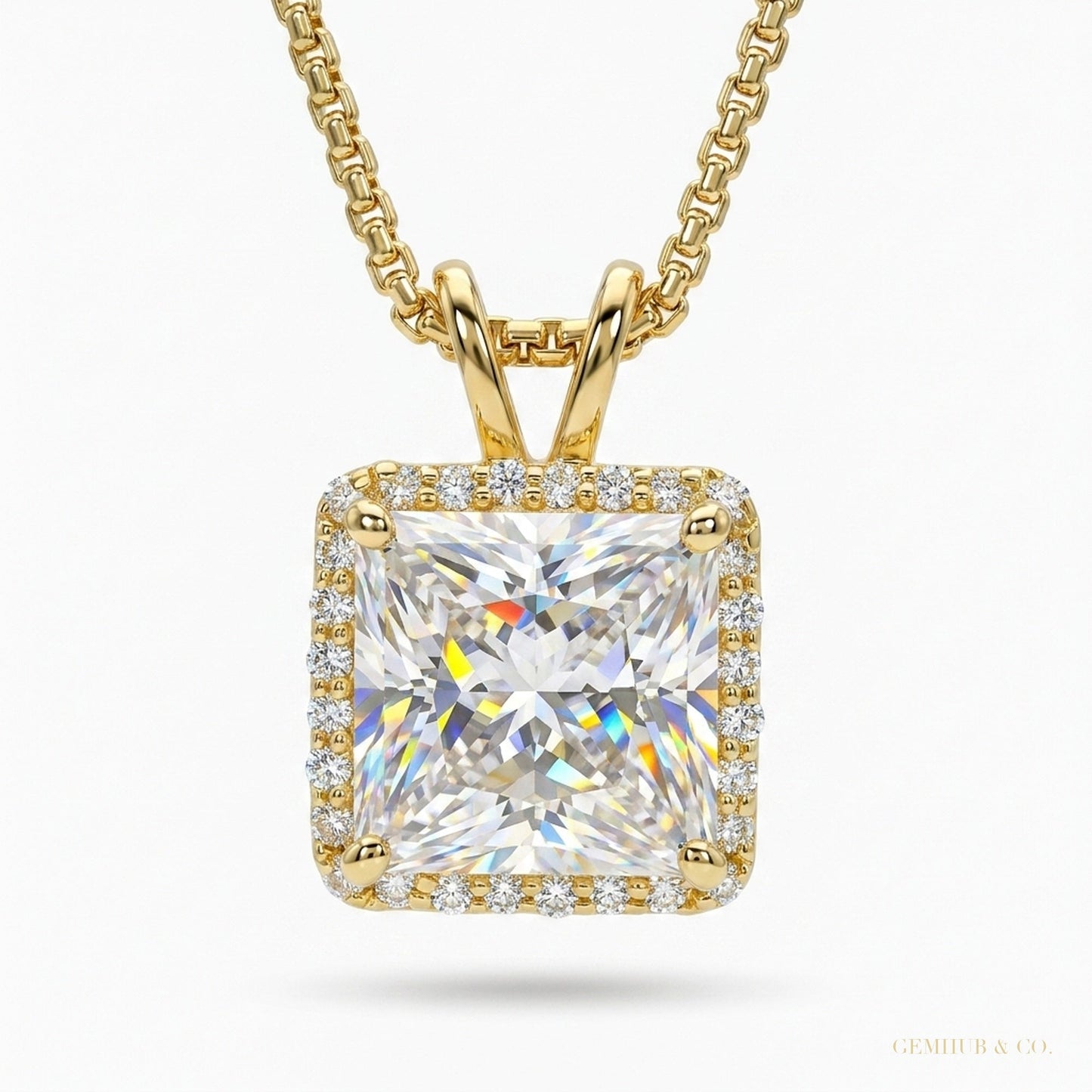 6.50 ct DEW Princess Cut White Moissanite Solitaire Pendant Gold Vermeil Certified – white background main image