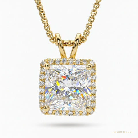 6.50 ct DEW Princess Cut White Moissanite Solitaire Pendant Gold Vermeil Certified – white background main image