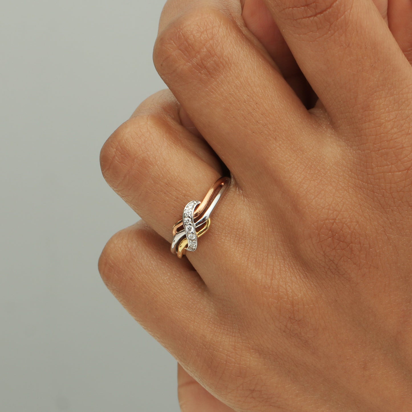 Nova Twist Infinity Diamond Ring in Three-Tone 18K Gold
