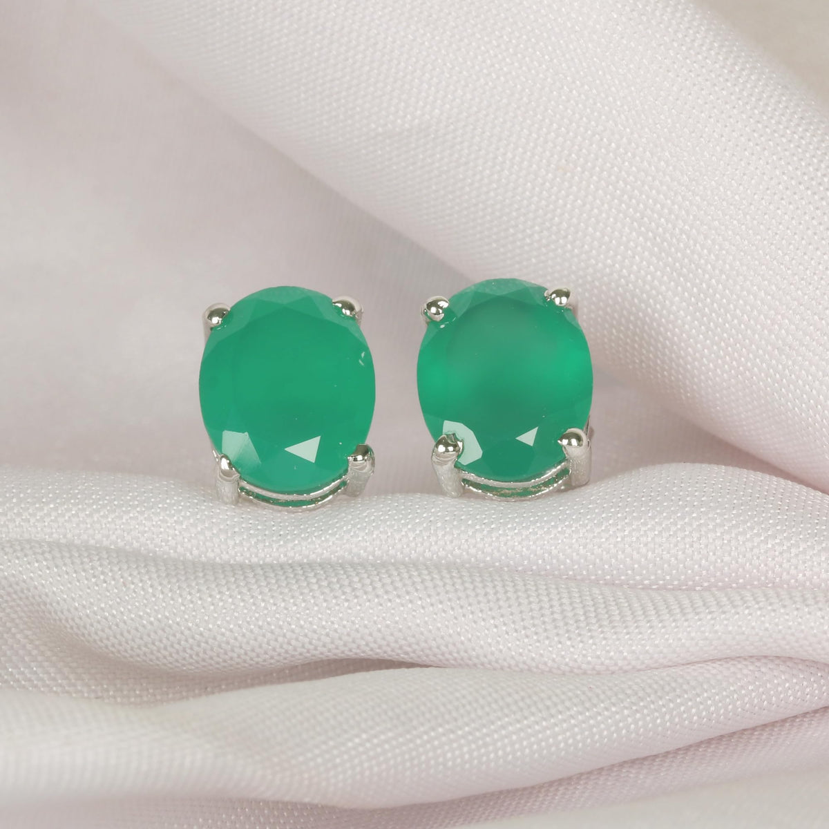 GEMHUB 925 Sterling Silver Gemstone Stud Earrings - Green Onyx 5.60 Ct