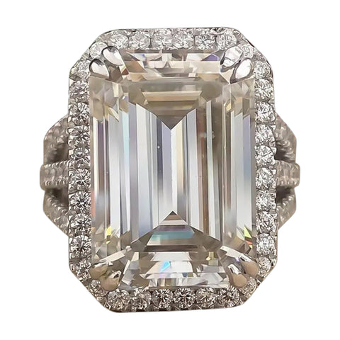 16.9 ct DEW White Moissanite Emerald Solitaire Ring - 18K Gold Vermeil on 925 Sterling Silver