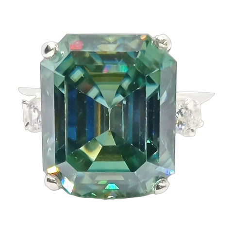 7.8 ct DEW Blue Moissanite Emerald Solitaire Ring - 18K Gold Vermeil on 925 Sterling Silver