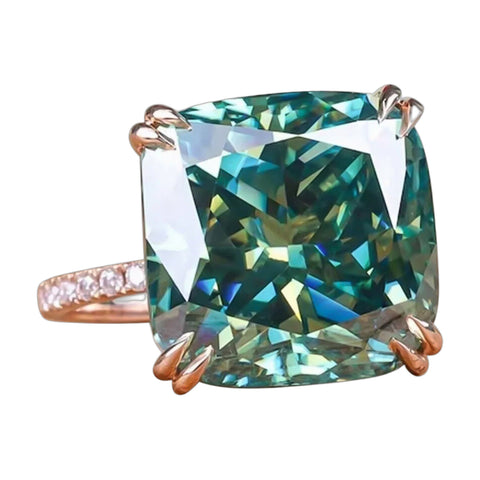 13.3 ct DEW Blue Moissanite Cushion Solitaire Ring - 18K Gold Vermeil on 925 Sterling Silver