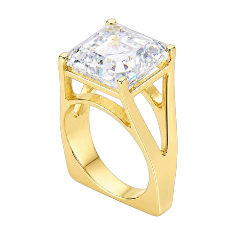 23.5 ct DEW White Moissanite Asscher Solitaire Ring - 18K Gold Vermeil on 925 Sterling Silver
