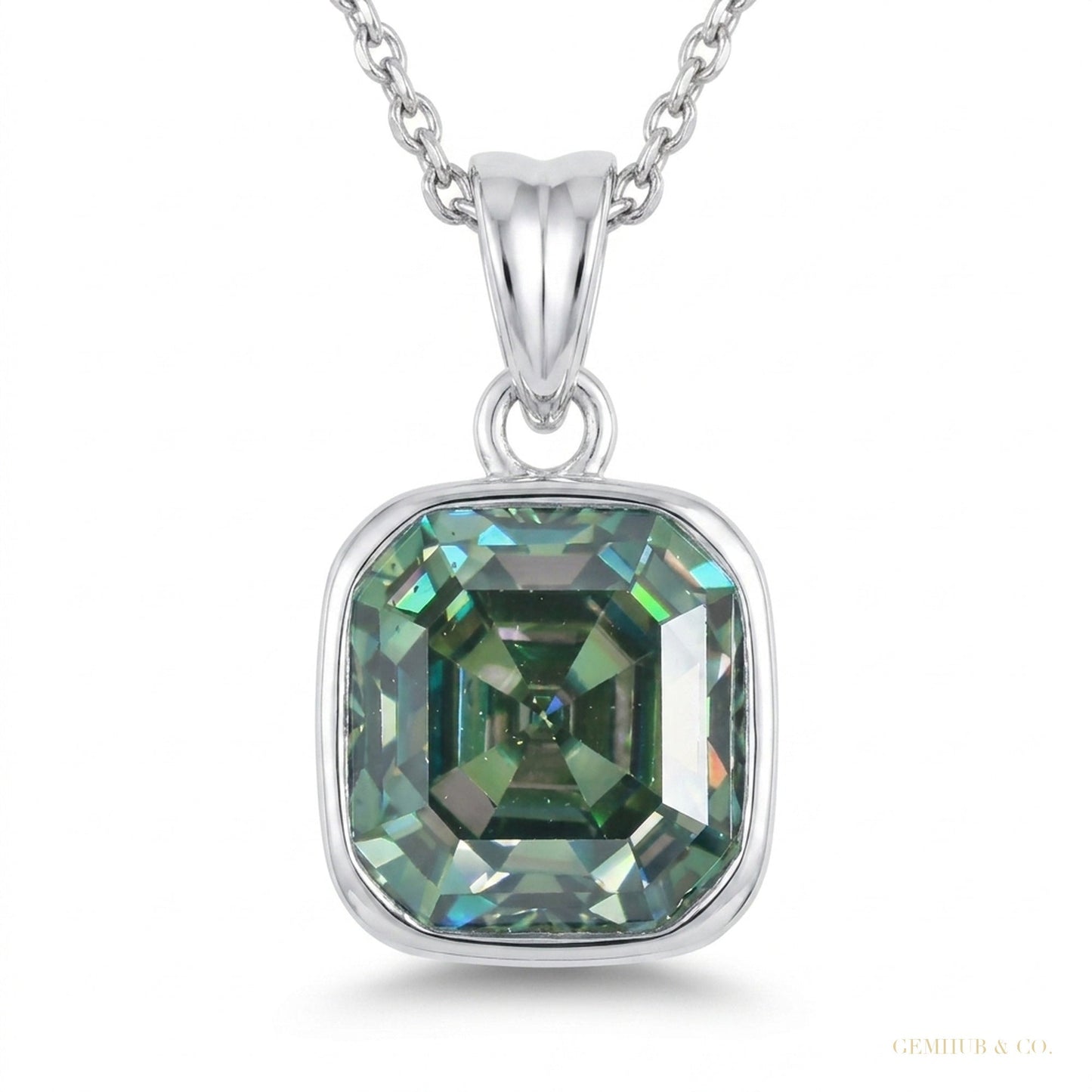 7 ct DEW Certified Blue Moissanite Solitaire Asscher Cut Pendant In Gold Vermeil – white background main image