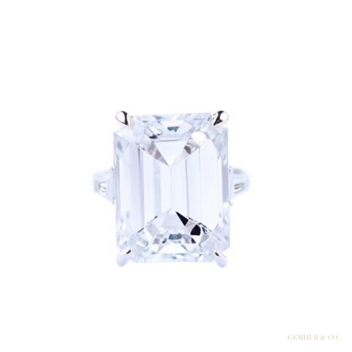 8.30 ct DEW Emerald Cut Off White Moissanite Ring Certified Sparkle 18K Gold Plated Ver 18K Gold Plated – white background main image