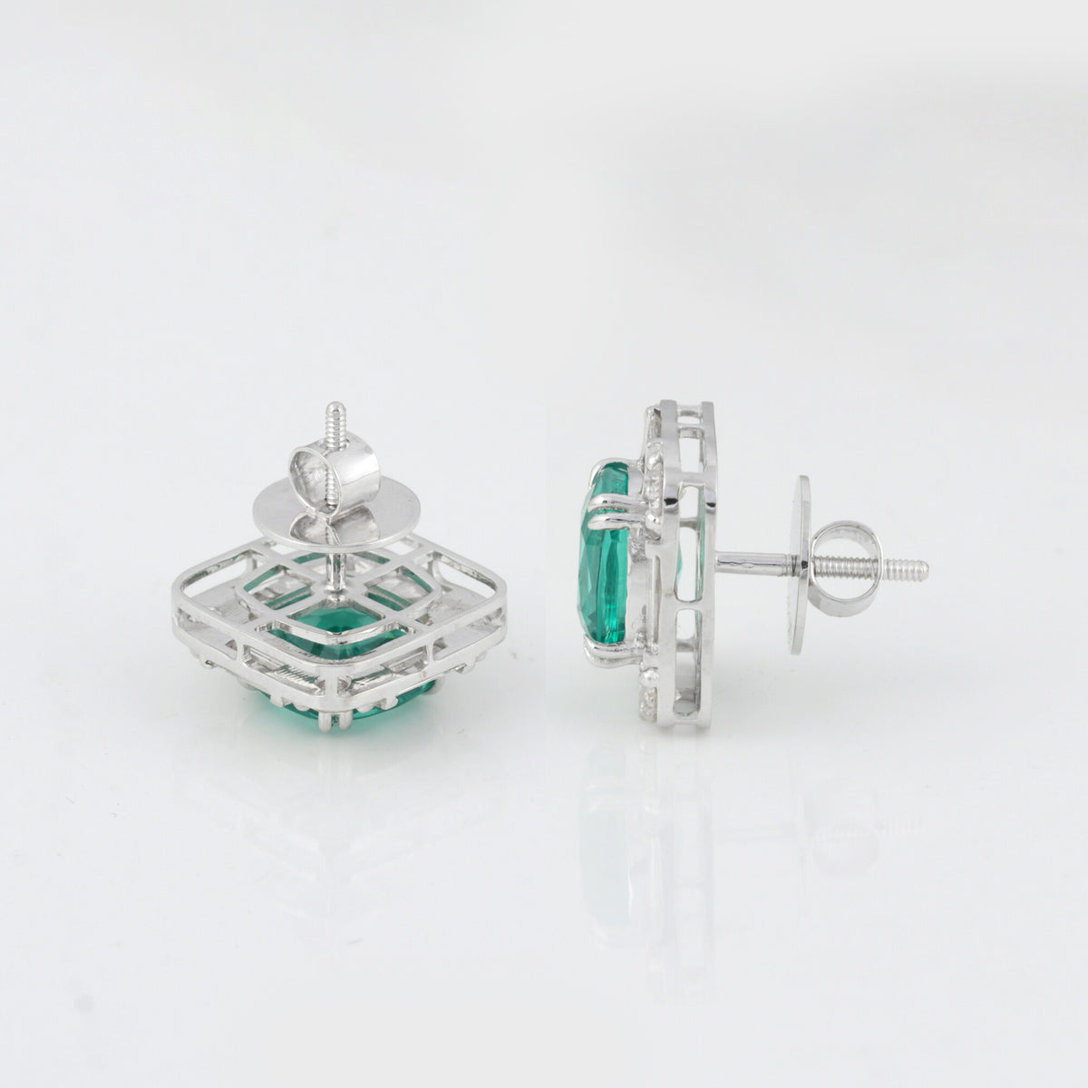 14K/18K Lab Grown Emerald Asscher Cut Earrings with Diamond Halo