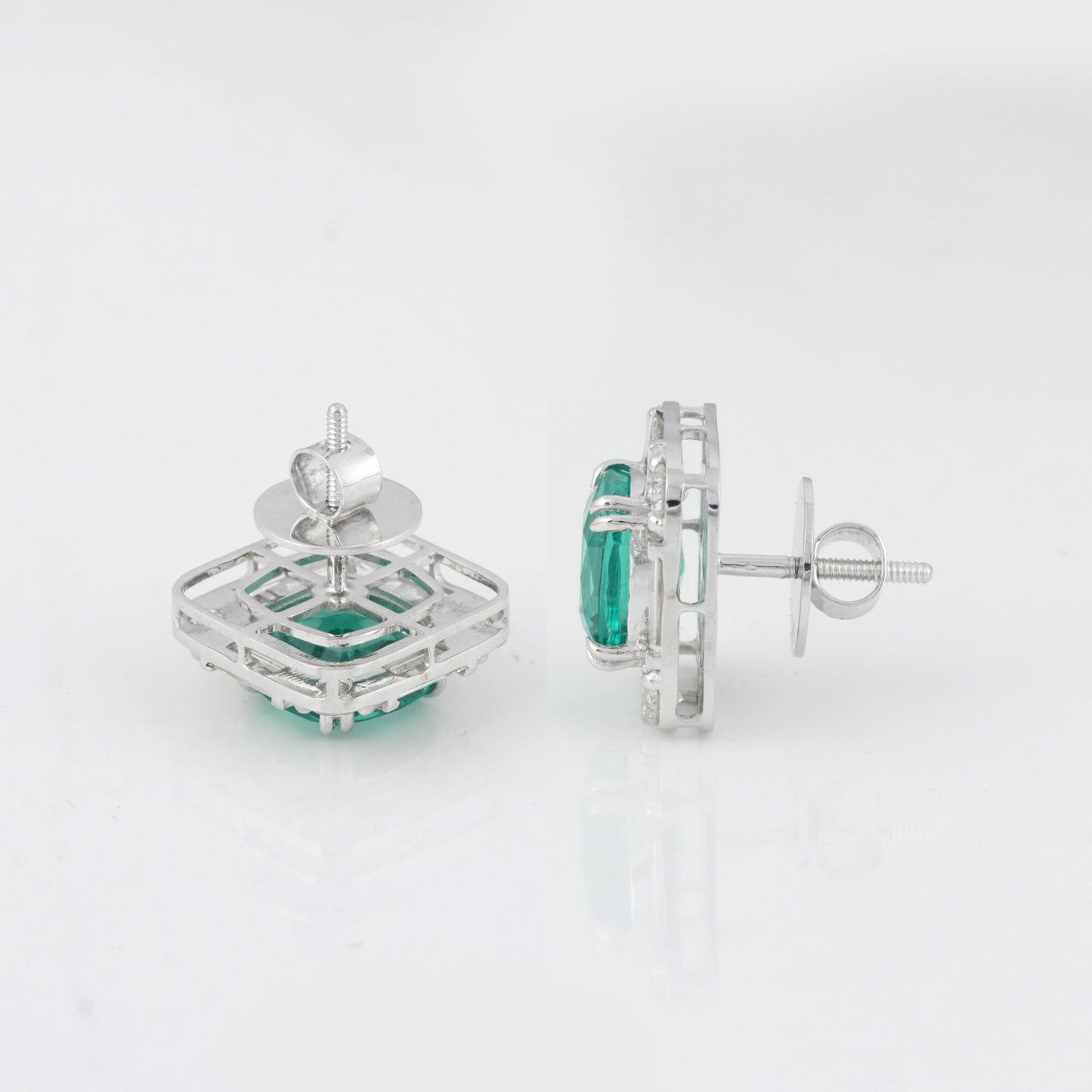 14K/18K Lab Grown Emerald Asscher Cut Earrings with Diamond Halo