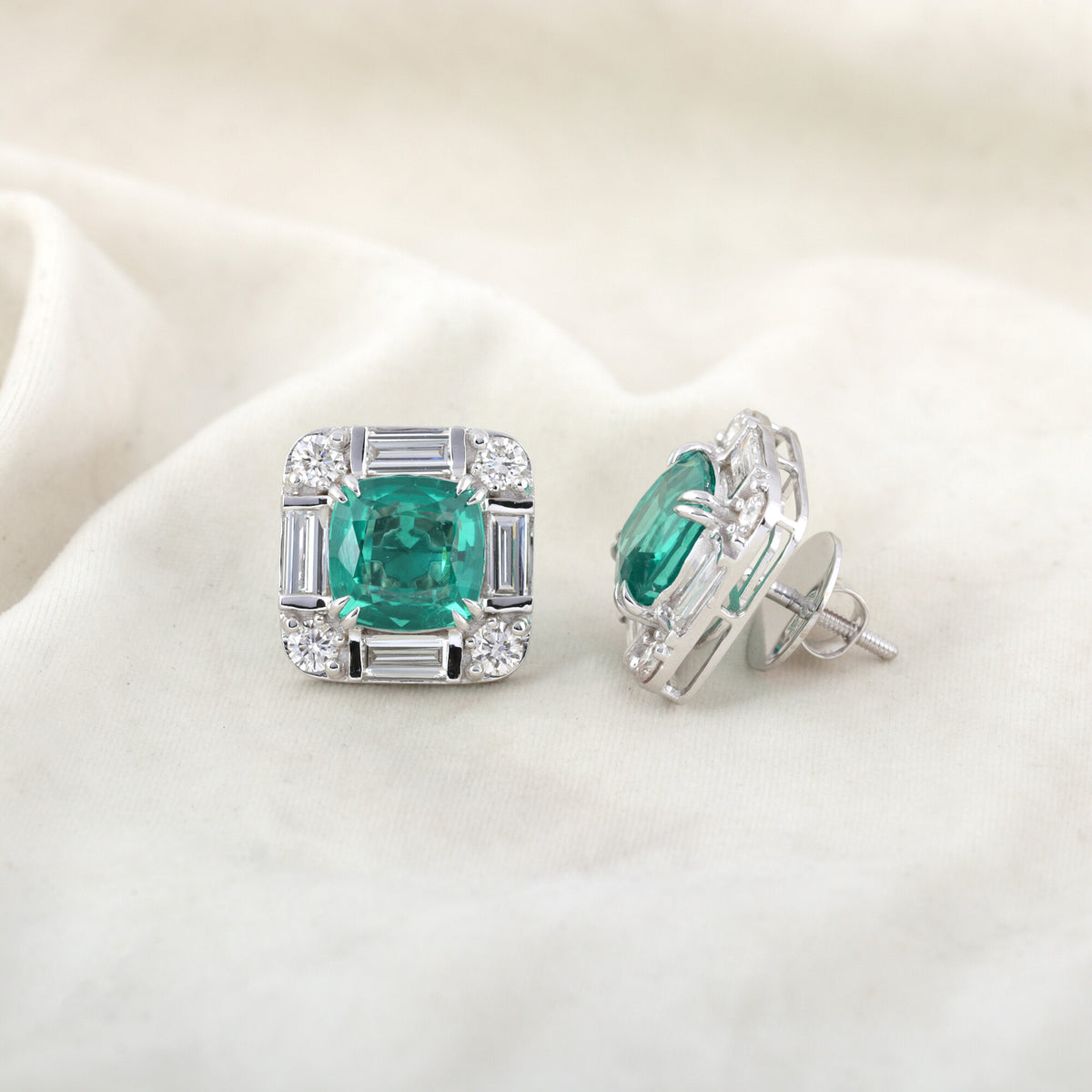 14K/18K Lab Grown Emerald Asscher Cut Earrings with Diamond Halo