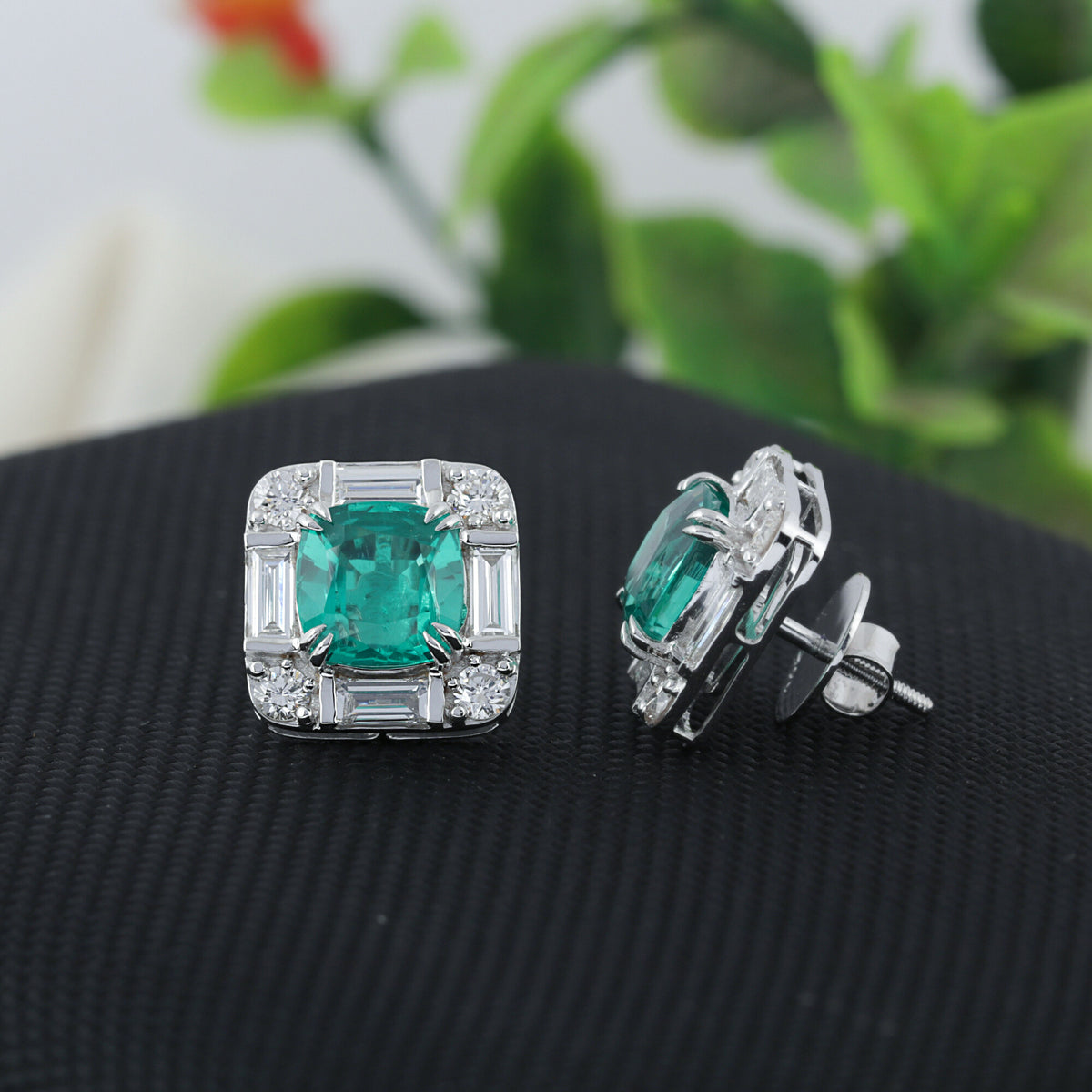 14K/18K Lab Grown Emerald Asscher Cut Earrings with Diamond Halo