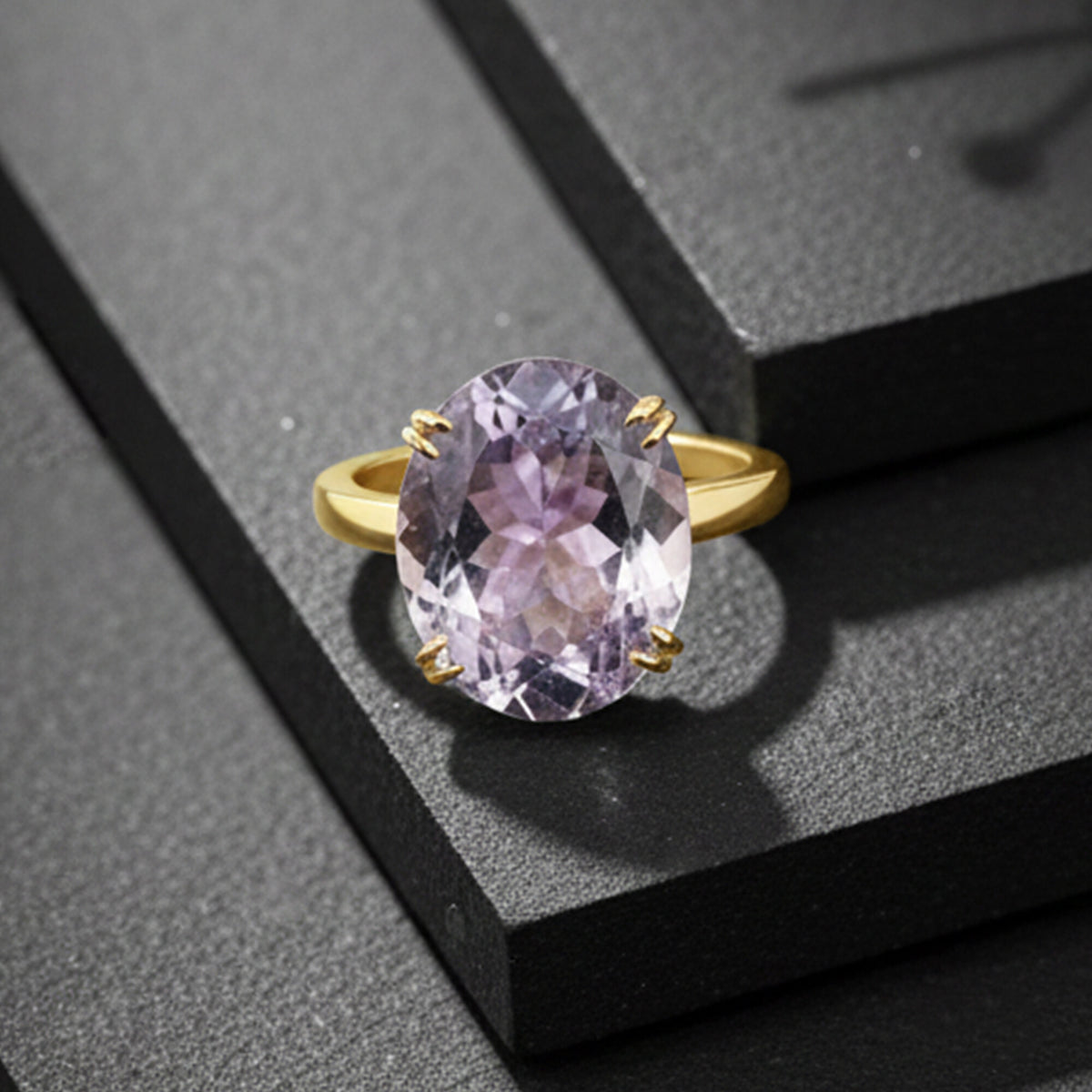18K Natural Amethyst Oval Cut Ring with Diamond Accents - BIS Hallmarked Gold