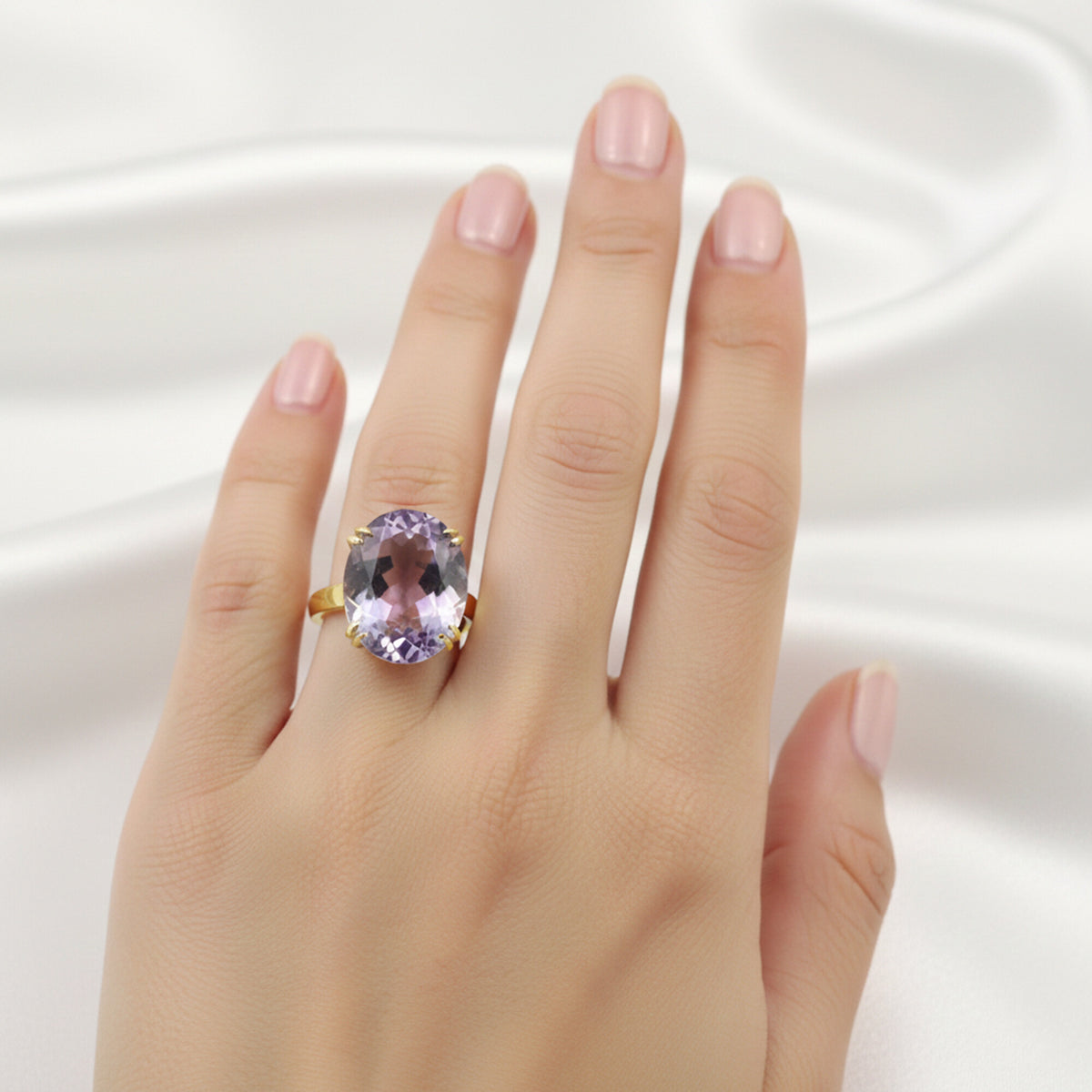 18K Natural Amethyst Oval Cut Ring with Diamond Accents - BIS Hallmarked Gold
