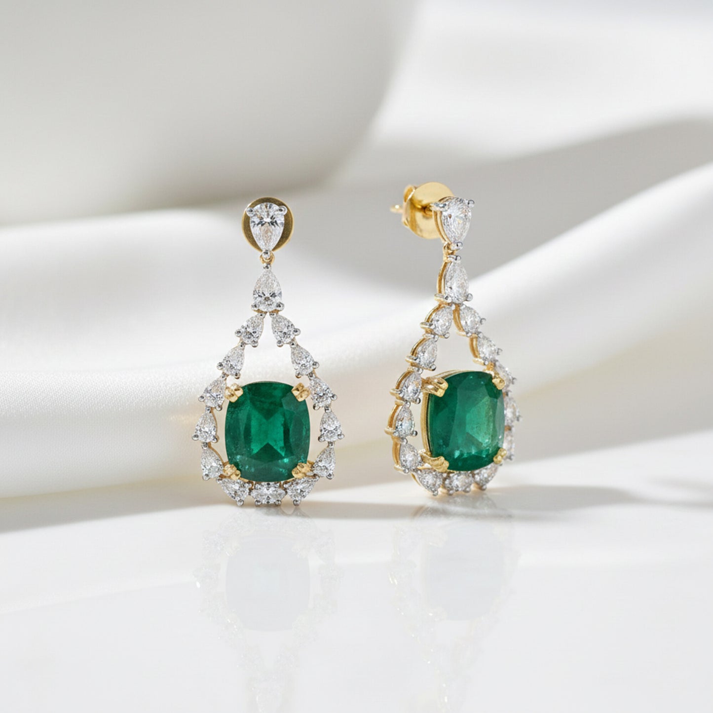 9K/14K Lab-Grown Emerald Oval Halo Drop Earrings