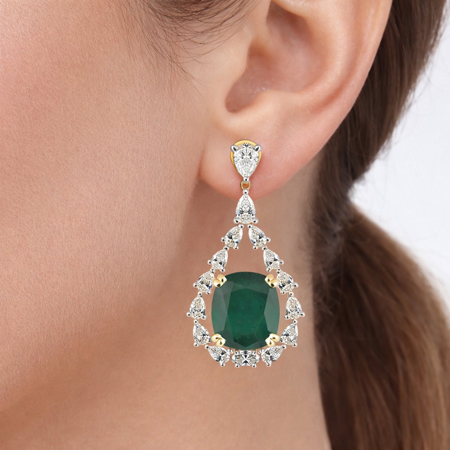 9K/14K Lab-Grown Emerald Oval Halo Drop Earrings