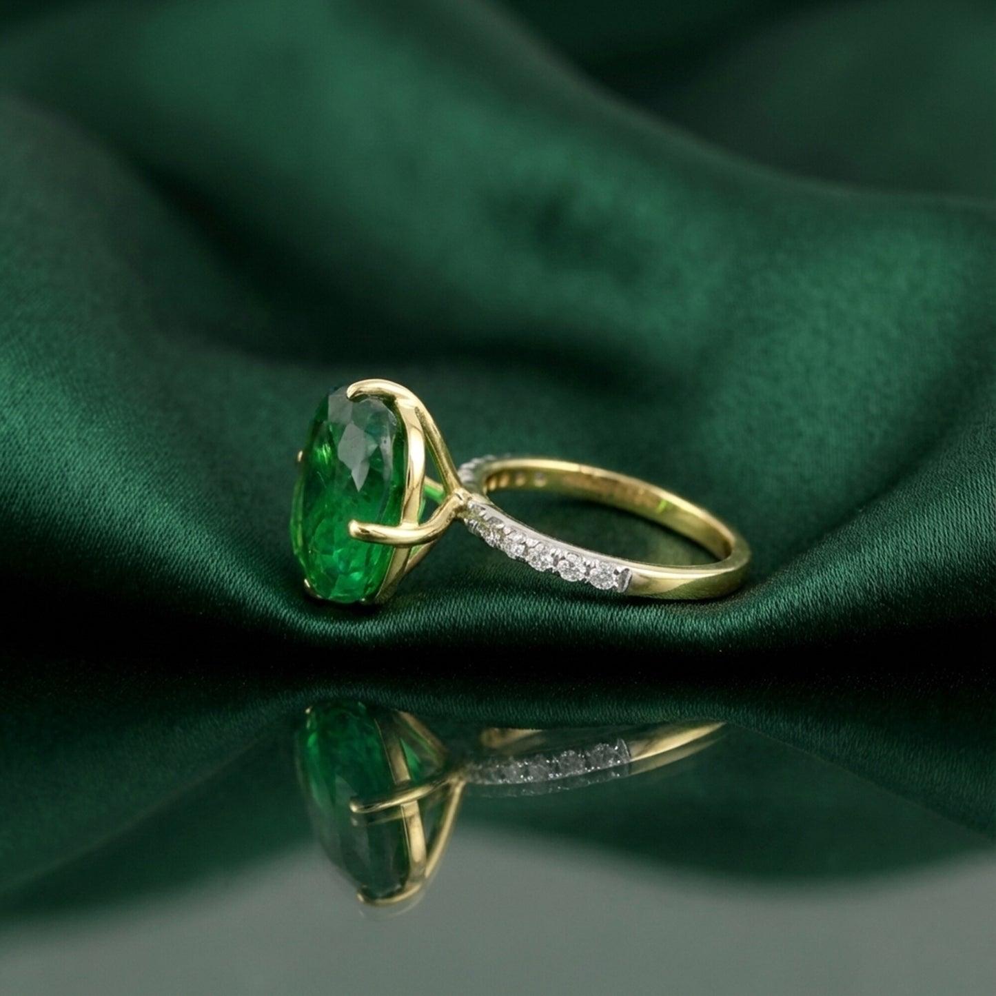 9K/14K Lab Grown Emerald Cushion Cut Ring with Diamond Accents - BIS Hallmarked Gold