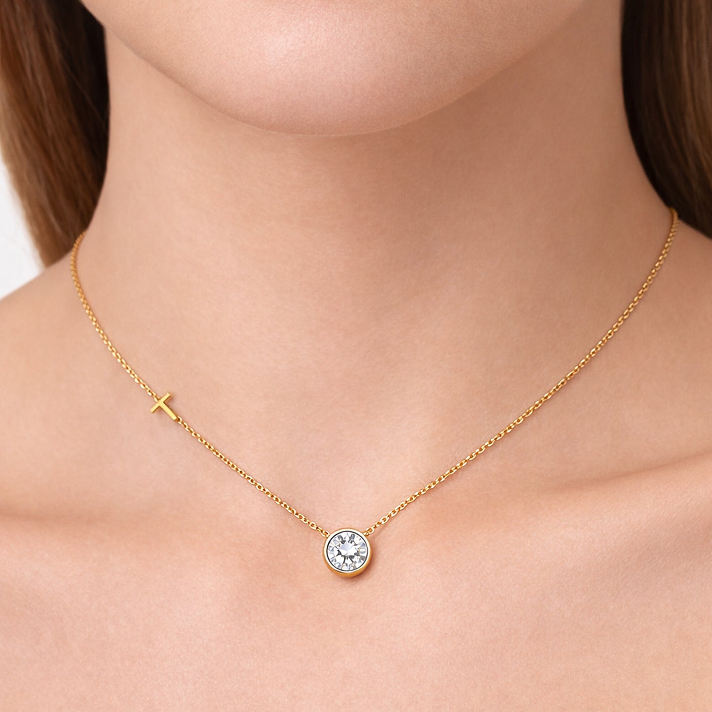 14K/18K Gold Minimalist Round Diamond Accent Pendant Necklace