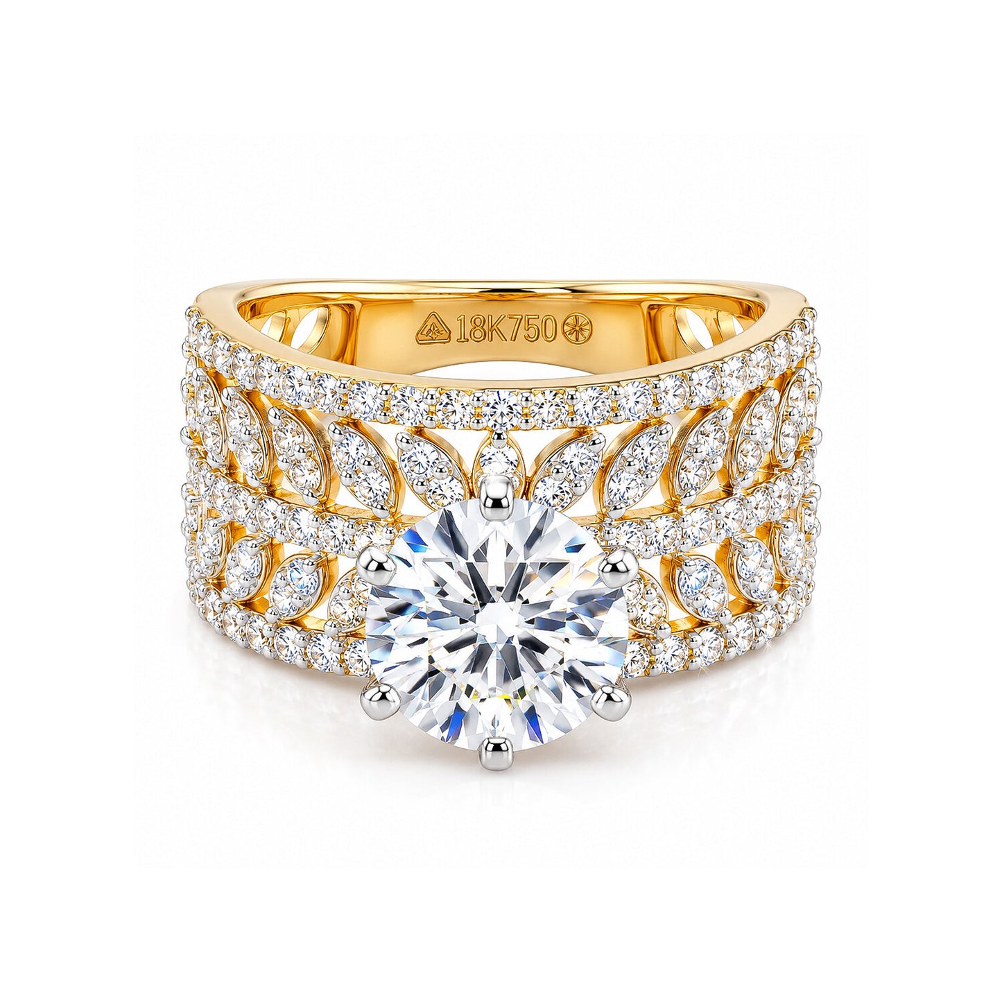 18K Lab Grown Diamond Round-Cut Solitaire with Pave Band Ring