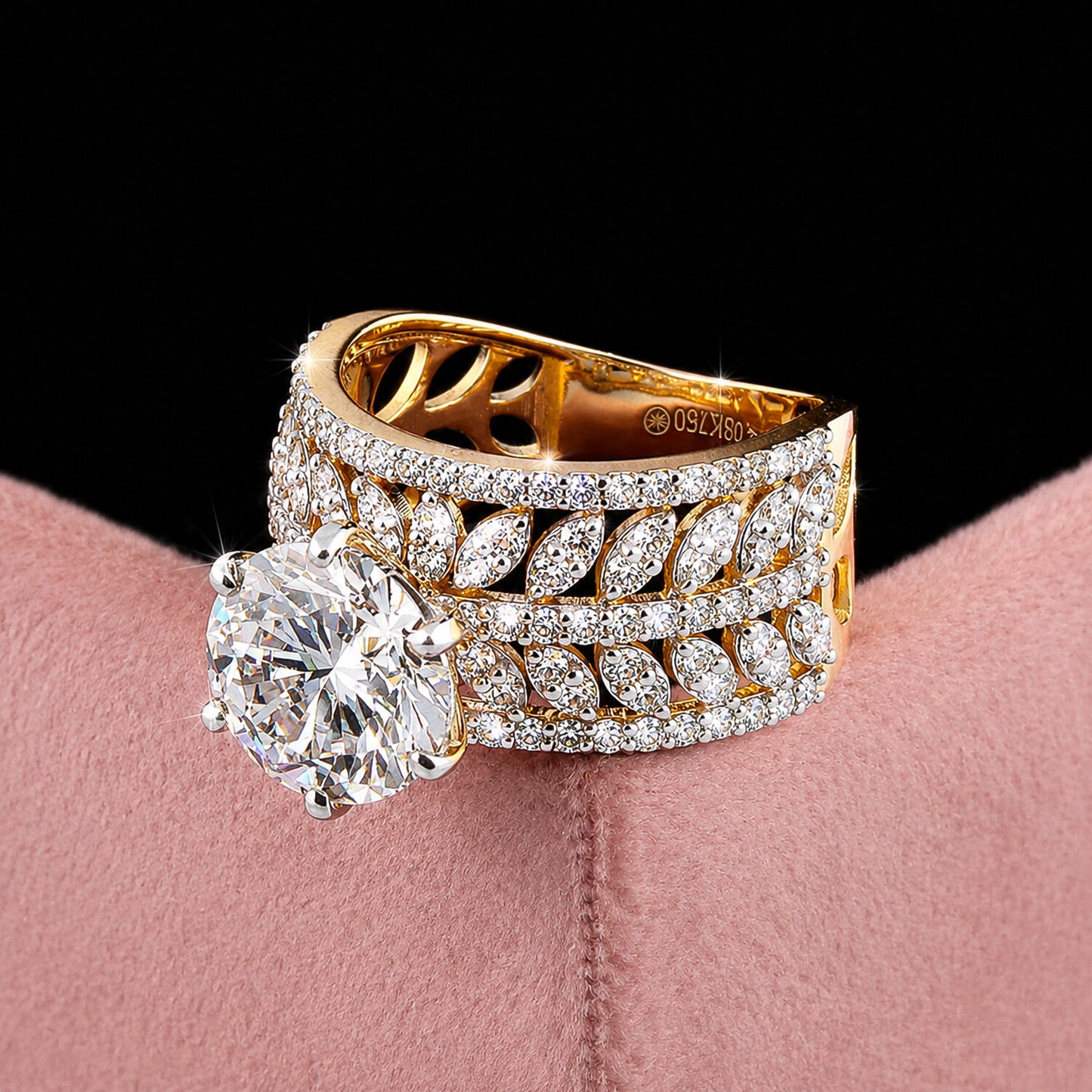 18K Lab Grown Diamond Round-Cut Solitaire with Pave Band Ring