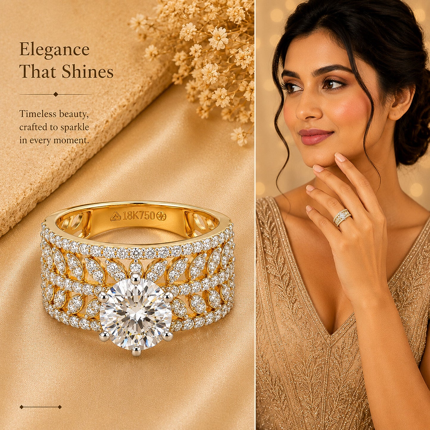 18K Lab Grown Diamond Round-Cut Solitaire with Pave Band Ring