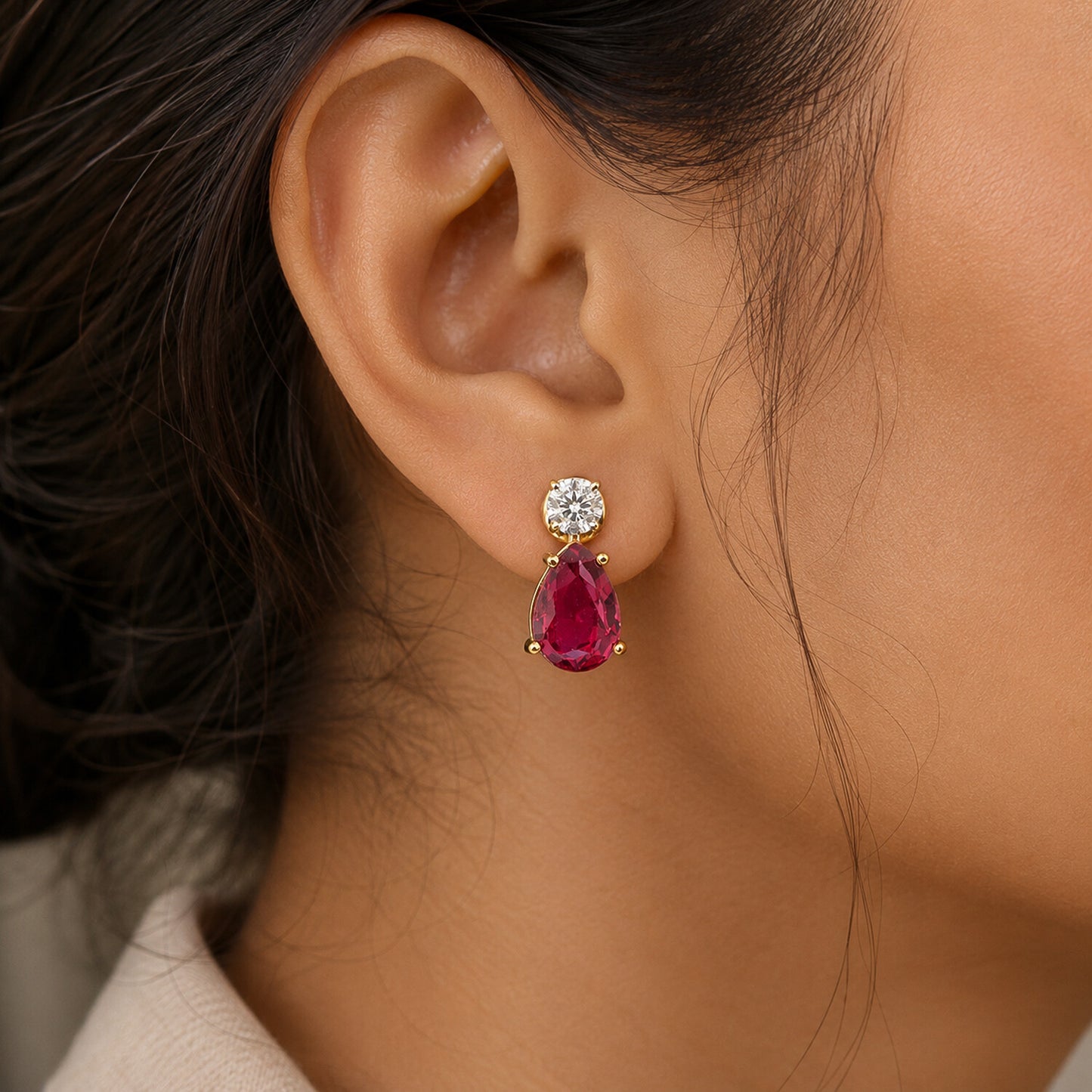 18K Lab-Grown Ruby Pear Drop Earrings