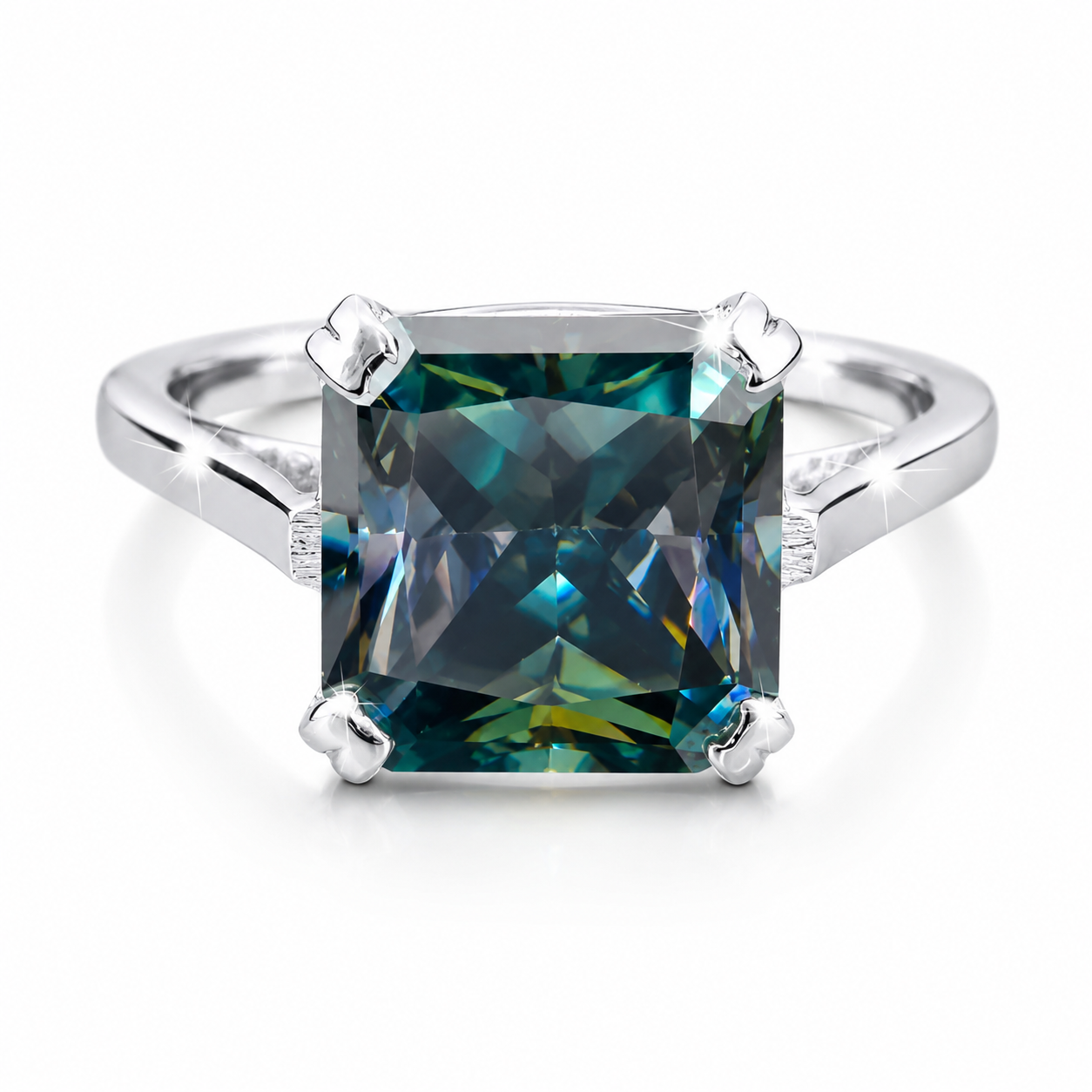 7.5 ct DEW Blue Moissanite Asscher Solitaire Ring - 18K Gold Vermeil on 925 Sterling Silver