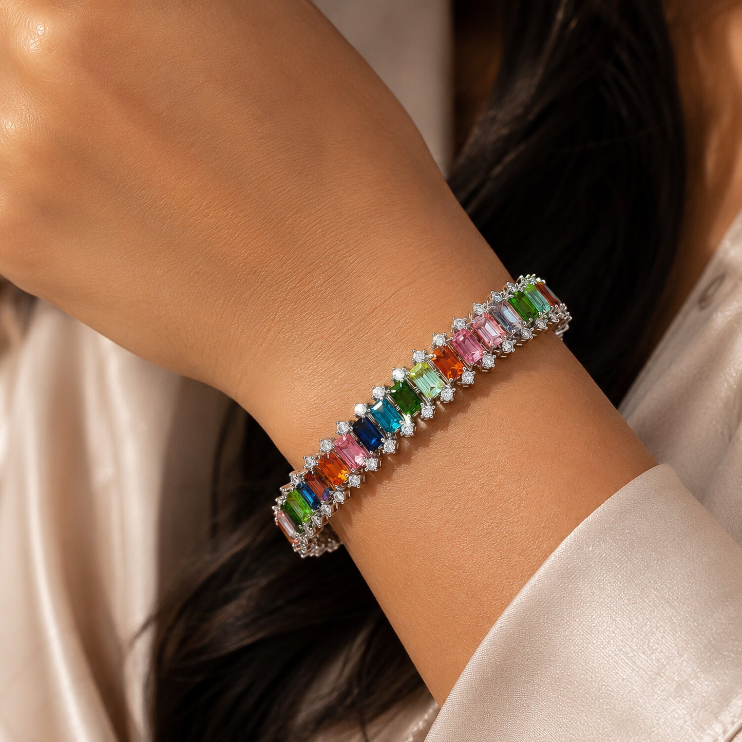 14K/18K Lab Grown Multi-Color Sapphire Bracelet – Emerald Cut, 15.9ct, BIS Hallmark Gold
