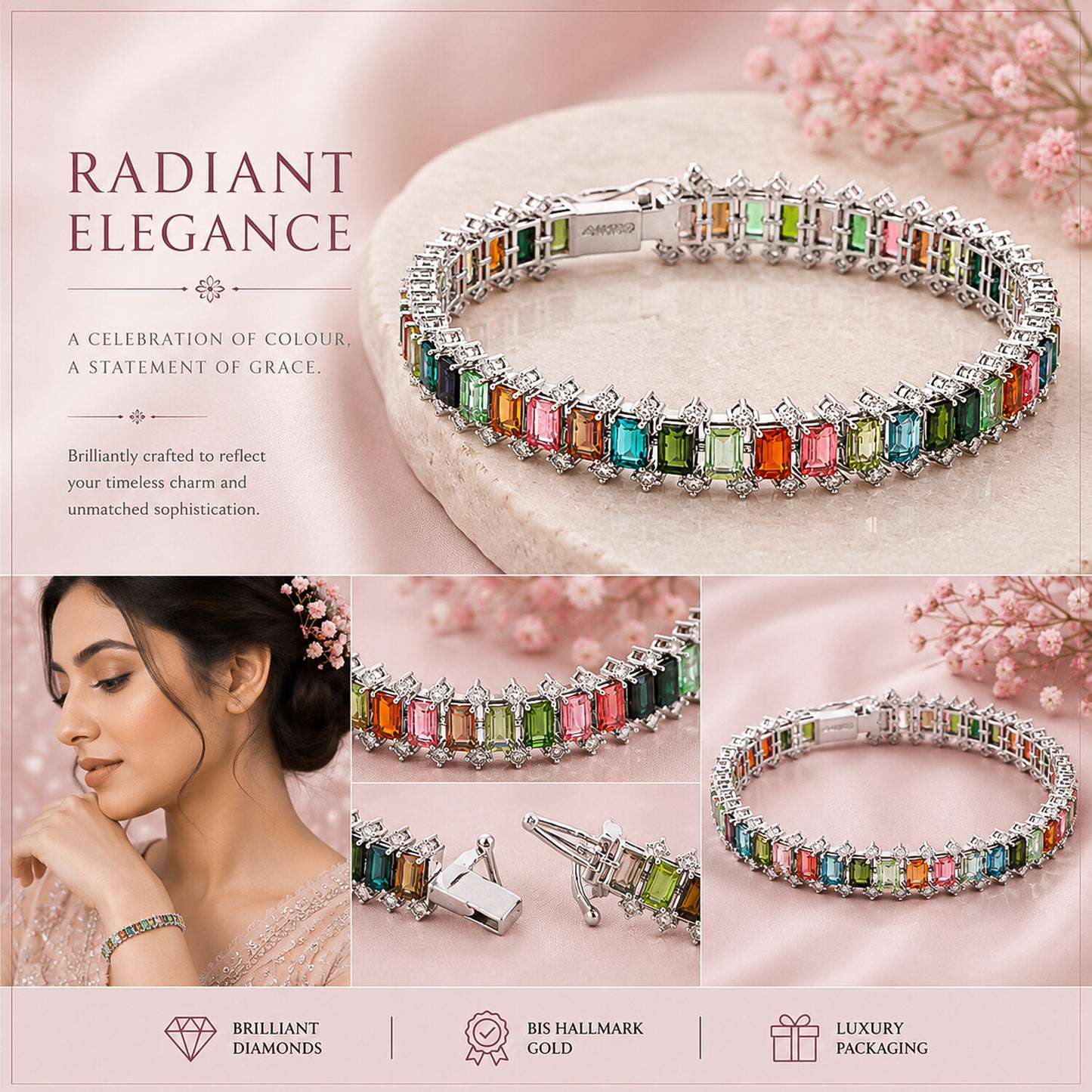 14K/18K Lab Grown Multi-Color Sapphire Bracelet – Emerald Cut, 15.9ct, BIS Hallmark Gold