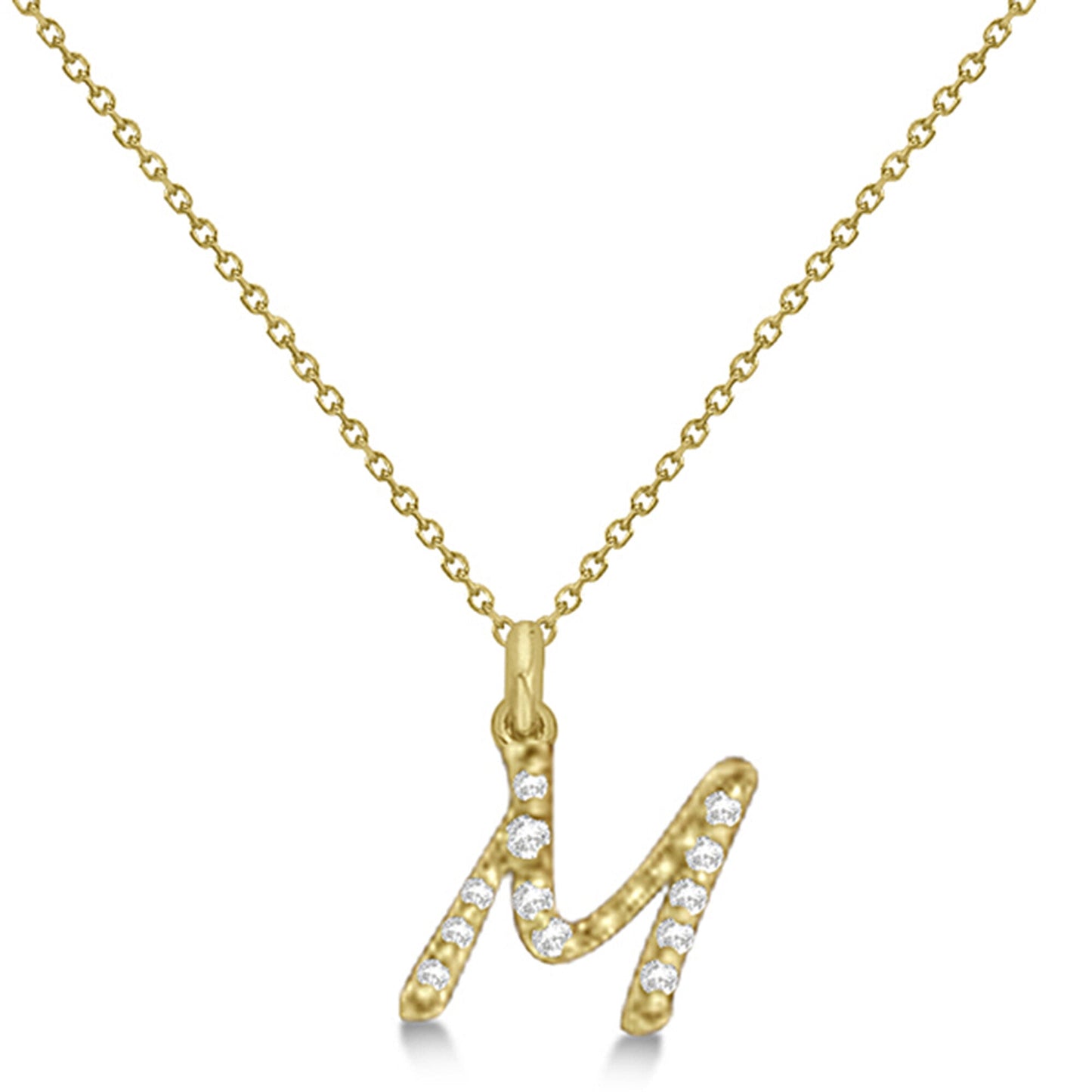 Natural Diamond Initial Letter M Pendant, Yellow Gold - Detail View